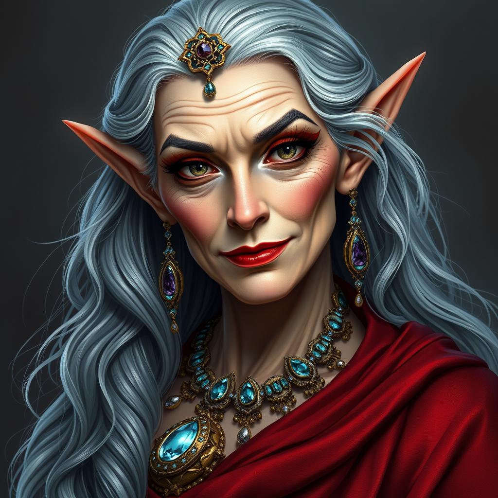 A charismatic old female high elf with long gray wavy hair, adorned with various pieces of jewelry encrusted with sparkling gems