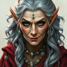 A charismatic old female high elf with long gray wavy hair, adorned with various pieces of jewelry encrusted with sparkling gems