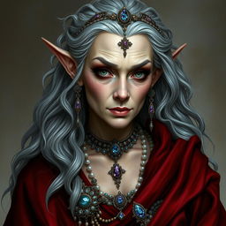 A charismatic old female high elf with long gray wavy hair, adorned with various pieces of jewelry encrusted with sparkling gems