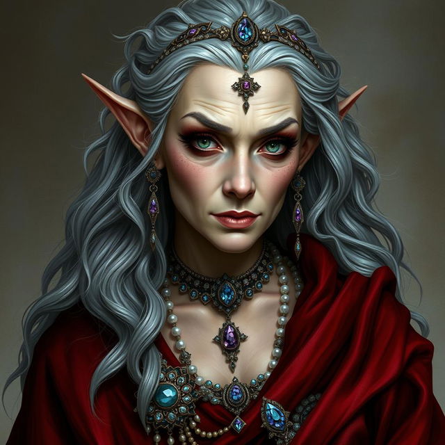 A charismatic old female high elf with long gray wavy hair, adorned with various pieces of jewelry encrusted with sparkling gems