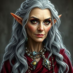 A charismatic old female high elf with long gray wavy hair, adorned with various pieces of jewelry encrusted with sparkling gems