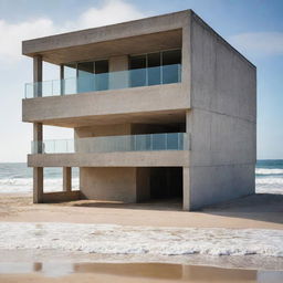 A concrete loft situated on the beach, with waves gently crashing on the shore in the background and warm sand surrounding the base of the building.