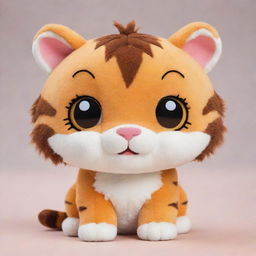 A cute, kawaii-style tiger with big, sparkling eyes and a small, chubby body. It's striking stripes are soft and fluffy, and it has a playful expression on its face.