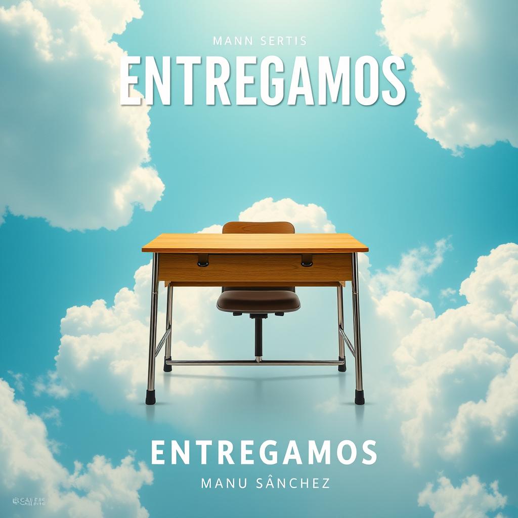 A movie poster titled 'ENTREGAMOS' with a school desk at the center of the image, set in a celestial landscape of sky and clouds