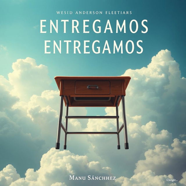 A movie poster titled 'ENTREGAMOS' with a school desk at the center of the image, set in a celestial landscape of sky and clouds