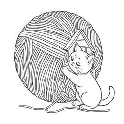 Black and white surreal coloring book illustration showcasing a cat playfully interacting with a ball of yarn the size of a house, significantly larger than the cat itself