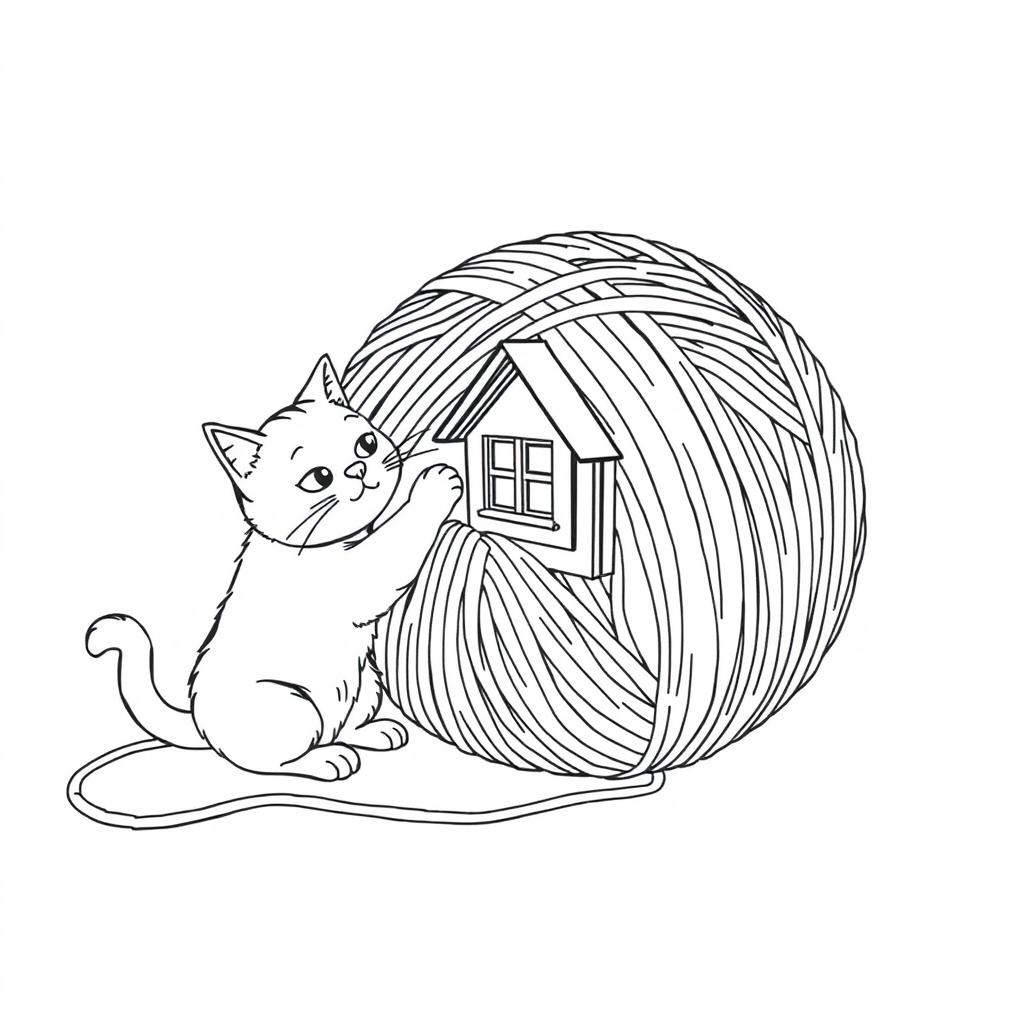 Black and white surreal coloring book illustration showcasing a cat playfully interacting with a ball of yarn the size of a house, significantly larger than the cat itself