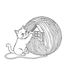 Black and white surreal coloring book illustration showcasing a cat playfully interacting with a ball of yarn the size of a house, significantly larger than the cat itself