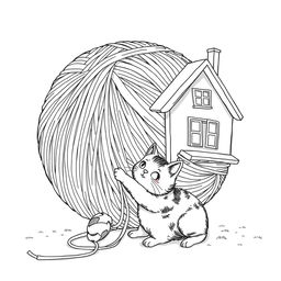 Black and white surreal coloring book illustration showcasing a cat playfully interacting with a ball of yarn the size of a house, significantly larger than the cat itself