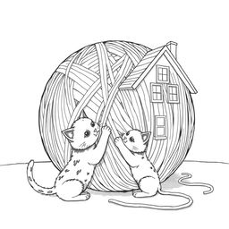 Black and white surreal coloring book illustration showcasing a cat playfully interacting with a ball of yarn the size of a house, significantly larger than the cat itself