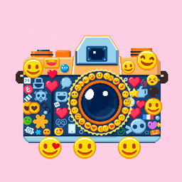 a vibrant and detailed pixel art illustration of a camera made entirely out of various emojis, each carefully chosen and placed to form the shape and details of a camera