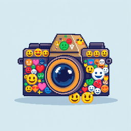 a vibrant and detailed pixel art illustration of a camera made entirely out of various emojis, each carefully chosen and placed to form the shape and details of a camera