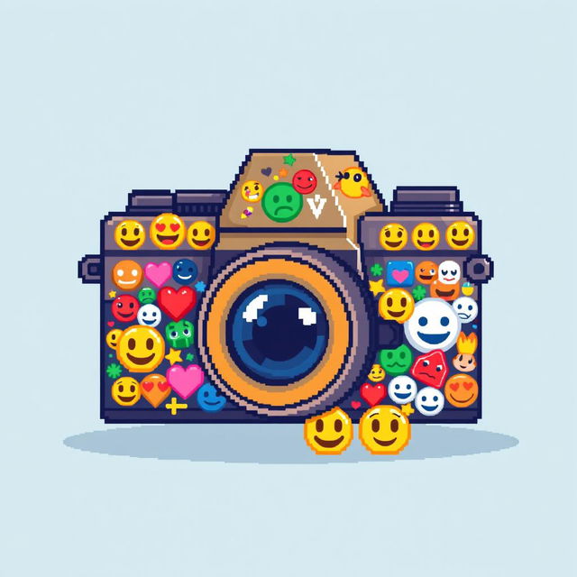 a vibrant and detailed pixel art illustration of a camera made entirely out of various emojis, each carefully chosen and placed to form the shape and details of a camera