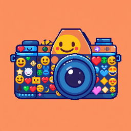 a vibrant and detailed pixel art illustration of a camera made entirely out of various emojis, each carefully chosen and placed to form the shape and details of a camera