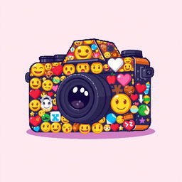 a vibrant and detailed pixel art illustration of a camera made entirely out of various emojis, each carefully chosen and placed to form the shape and details of a camera