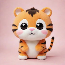 A cute, kawaii-style tiger with big, sparkling eyes and a small, chubby body. It's striking stripes are soft and fluffy, and it has a playful expression on its face.