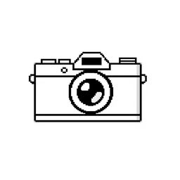 a minimalist pixel art illustration of a camera in black and white, featuring a simple and straightforward shape with clean lines