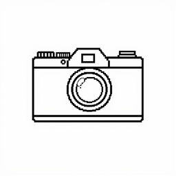 a minimalist pixel art illustration of a camera in black and white, featuring a simple and straightforward shape with clean lines