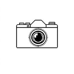 a minimalist pixel art illustration of a camera in black and white, featuring a simple and straightforward shape with clean lines