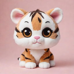 A cute, kawaii-style tiger with big, sparkling eyes and a small, chubby body. It's striking stripes are soft and fluffy, and it has a playful expression on its face.