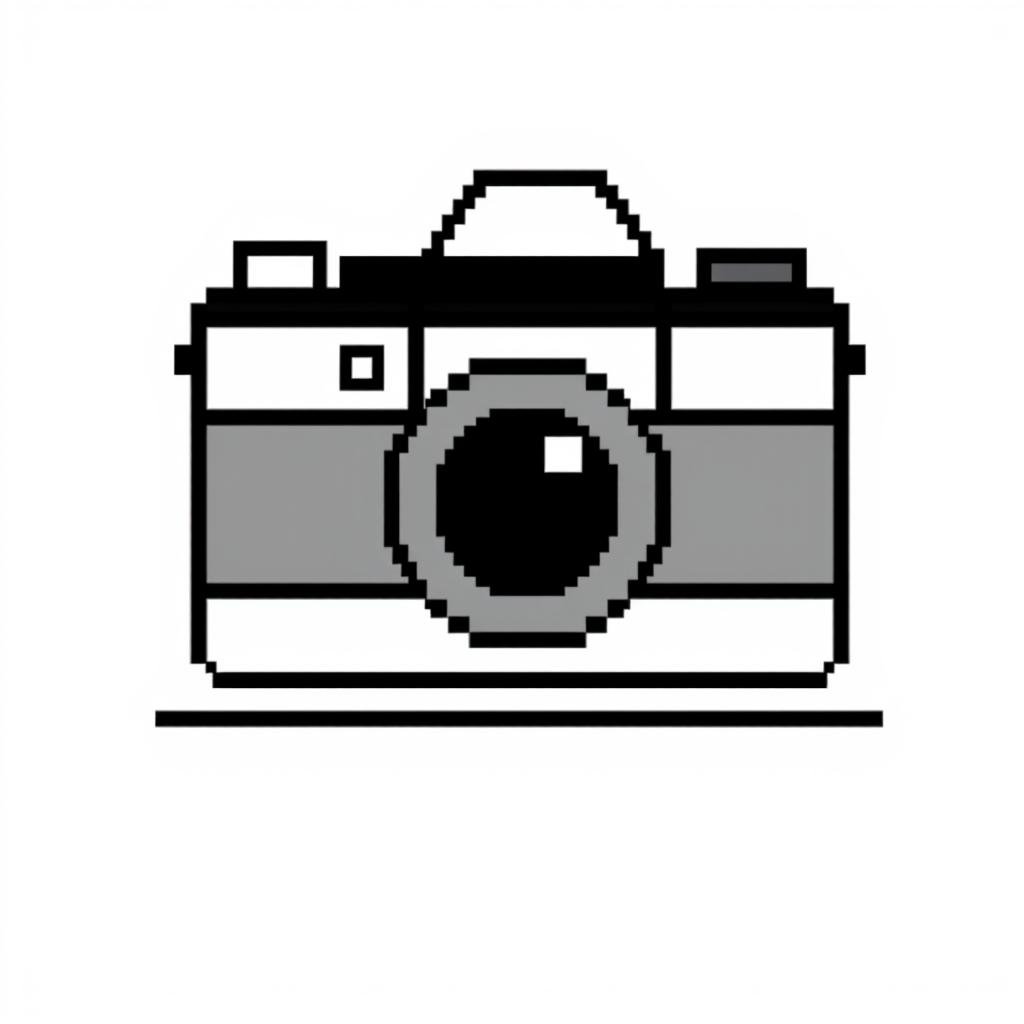 a minimalist pixel art illustration of a camera in black and white, crafted using large pixel cubes to define the shape