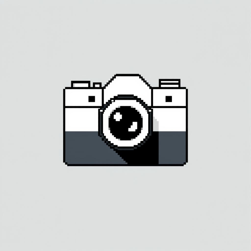 a minimalist pixel art illustration of a camera in black and white, crafted using large pixel cubes to define the shape