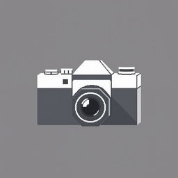 a minimalist pixel art illustration of a camera in black and white, crafted using large pixel cubes to define the shape