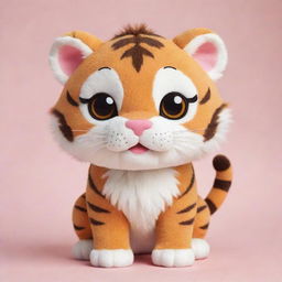 An adorable kawaii-style tiger with mesmerizing eyes and a rounded body. It has pleasing, fluffy tiger stripes and a sweet, playful expression.