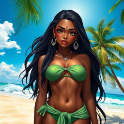 A realistic portrayal of a beautiful girl with dark skin, standing solo on a sunlit beach, wearing a stylish green bikini and a delicate sarong