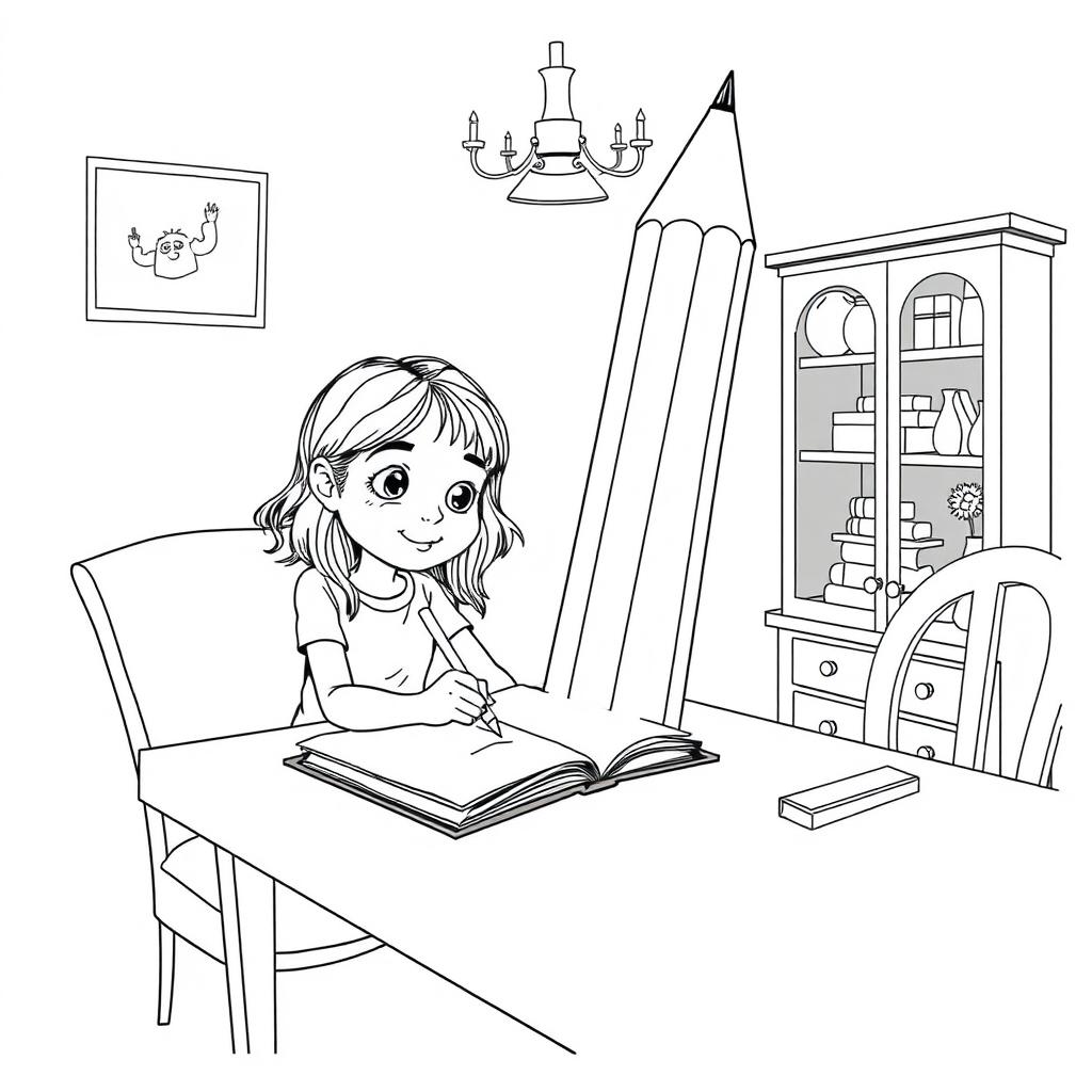 Black and white surreal coloring book illustration depicting a girl using a giant pencil to write in a huge notebook placed on her dining room table