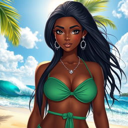 A realistic portrayal of a beautiful girl with dark skin, standing solo on a sunlit beach, wearing a stylish green bikini and a delicate sarong