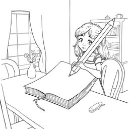 Black and white surreal coloring book illustration depicting a girl using a giant pencil to write in a huge notebook placed on her dining room table