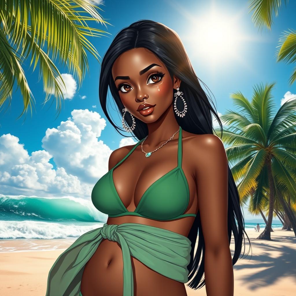 A realistic portrayal of a beautiful girl with dark skin, standing solo on a sunlit beach, wearing a stylish green bikini and a delicate sarong