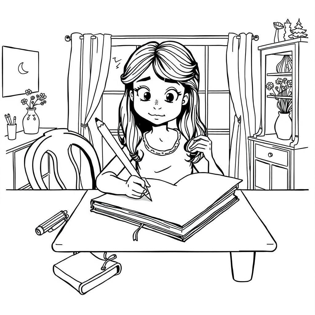 Black and white surreal coloring book illustration depicting a girl using a giant pencil to write in a huge notebook placed on her dining room table