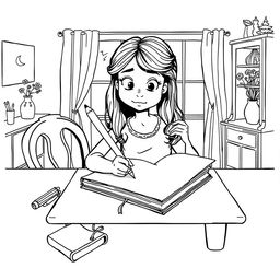 Black and white surreal coloring book illustration depicting a girl using a giant pencil to write in a huge notebook placed on her dining room table