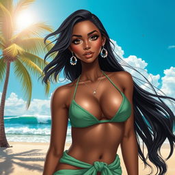 A realistic portrayal of a beautiful girl with dark skin, standing solo on a sunlit beach, wearing a stylish green bikini and a delicate sarong