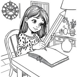 Black and white surreal coloring book illustration depicting a girl using a giant pencil to write in a huge notebook placed on her dining room table