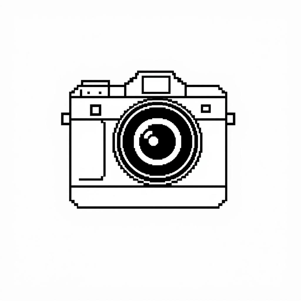 a minimalist, black and white pixel art illustration of a camera, designed with large pixel cubes to highlight essential features