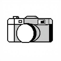 a minimalist, black and white pixel art illustration of a camera, designed with large pixel cubes to highlight essential features