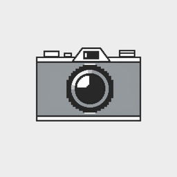 a minimalist, black and white pixel art illustration of a camera, designed with large pixel cubes to highlight essential features