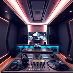 Modern DJ studio interior, sleek and futuristic design, high-tech DJ equipment, LED lighting, soundproof walls, large mixing desk, headphones, vinyl records, lively and energetic atmosphere