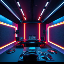 Modern DJ studio interior, sleek and futuristic design, high-tech DJ equipment, LED lighting, soundproof walls, large mixing desk, headphones, vinyl records, lively and energetic atmosphere