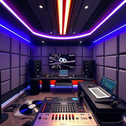 Modern DJ studio interior, sleek and futuristic design, high-tech DJ equipment, LED lighting, soundproof walls, large mixing desk, headphones, vinyl records, lively and energetic atmosphere