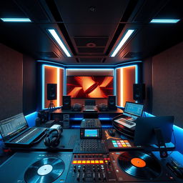 Modern DJ studio interior, sleek and futuristic design, high-tech DJ equipment, LED lighting, soundproof walls, large mixing desk, headphones, vinyl records, lively and energetic atmosphere