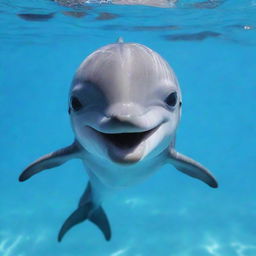 An adorable kawaii-style dolphin joyfully playing in crystal clear blue water. It has huge sparkling eyes, a rounded body, and a happy, playful expression on its face.