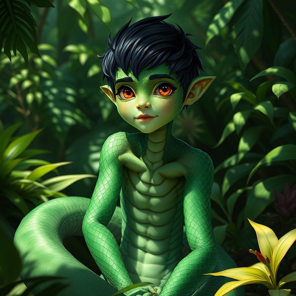 A young male yuan-ti, a part-human, part-snake creature, with vibrant green scales covering his body