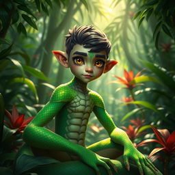 A young male yuan-ti, a part-human, part-snake creature, with vibrant green scales covering his body