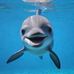 An adorable kawaii-style dolphin joyfully playing in crystal clear blue water. It has huge sparkling eyes, a rounded body, and a happy, playful expression on its face.