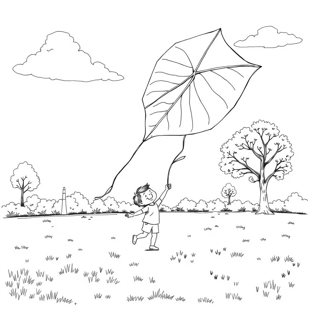 Black and white surreal coloring book illustration depicting a child joyfully flying a kite shaped like a giant leaf in a park