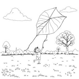 Black and white surreal coloring book illustration depicting a child joyfully flying a kite shaped like a giant leaf in a park